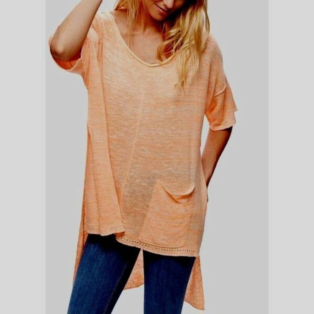 Free People Orange Knit High Low Linen Tunic Top